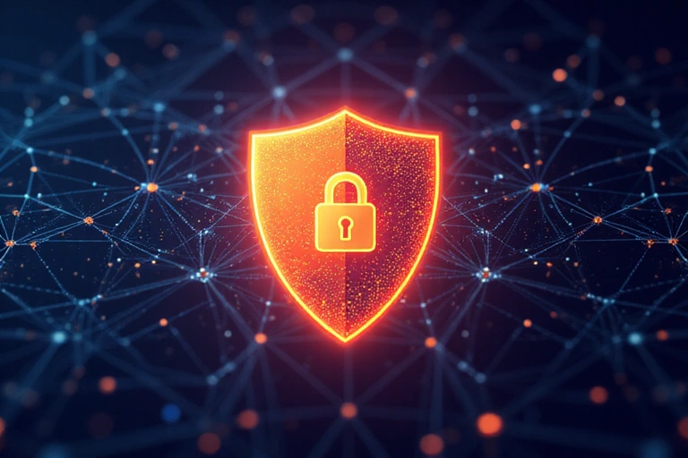 Un icono de escudo protegiendo datos digitales, con un fondo de red cibernética.