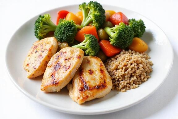 A balanced meal with lean protein, colorful vegetables, and whole grains, symbolizing healthy weight management.